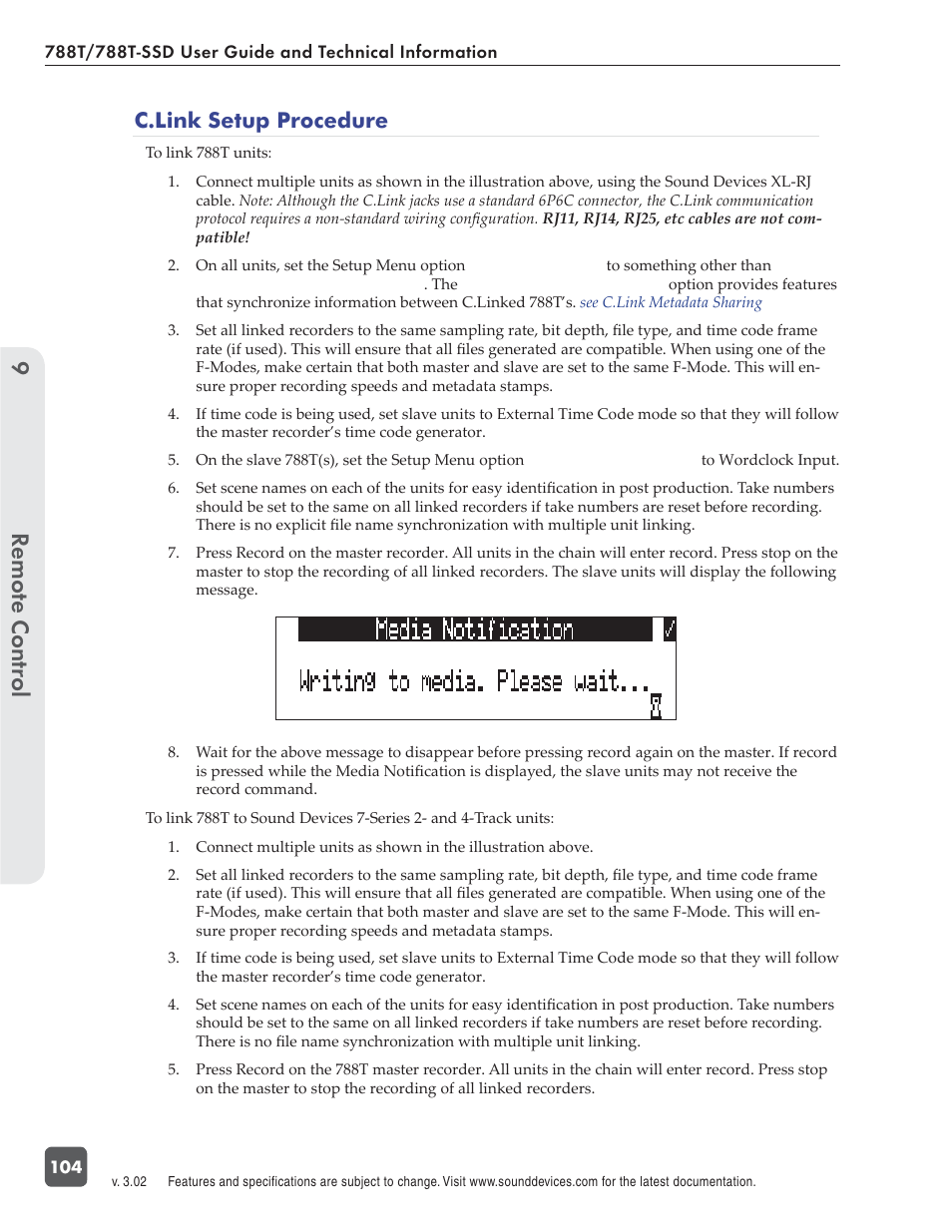 Remote control 9, C.link setup procedure | Sound Devices 788T User Manual | Page 112 / 180