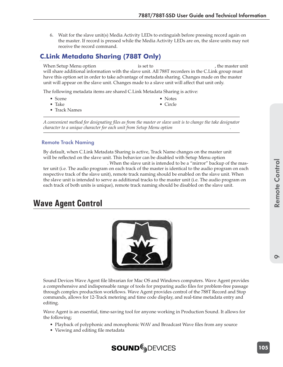 Wave agent control, Remote control 9 | Sound Devices 788T User Manual | Page 113 / 180