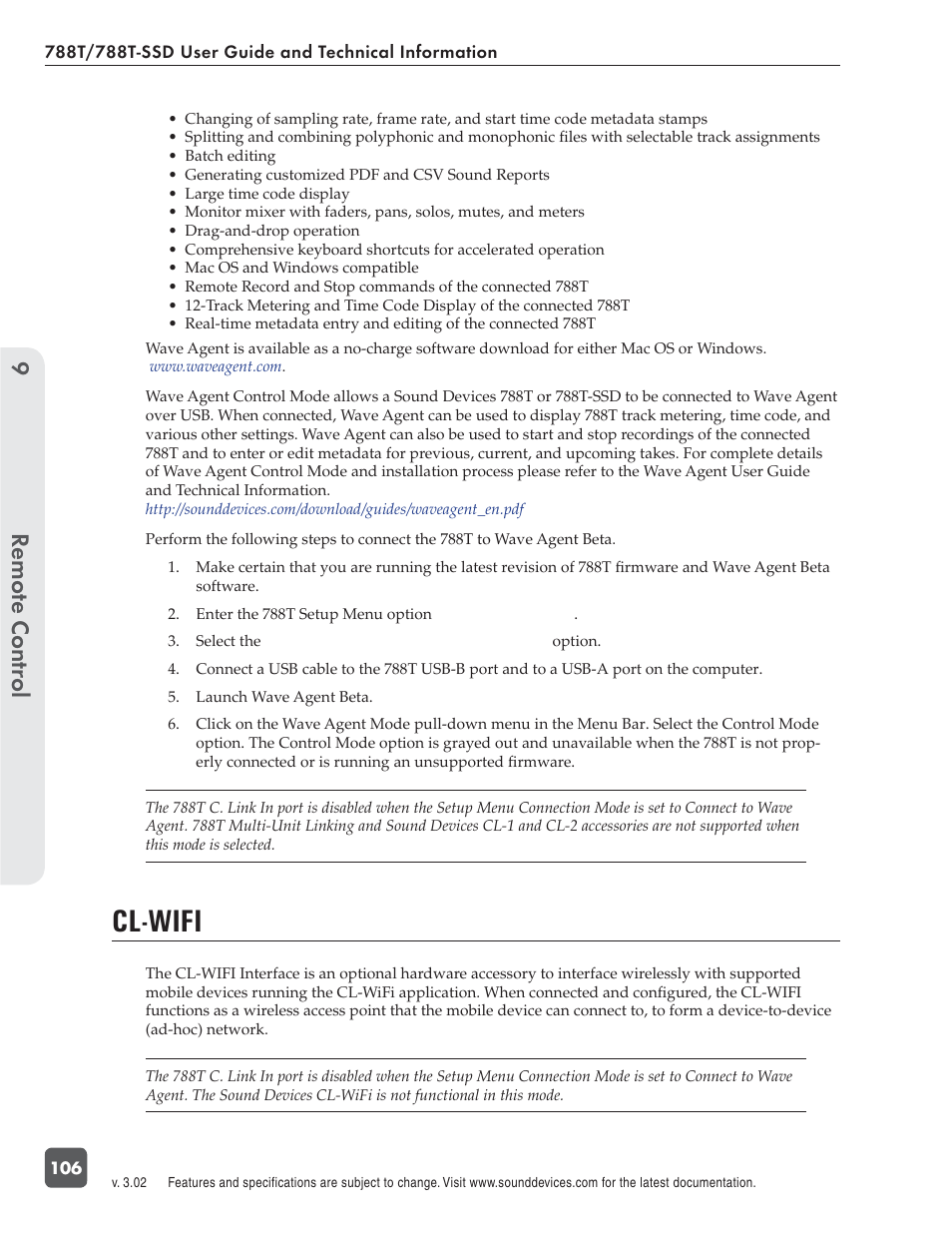 Cl-wifi, Remote control 9 | Sound Devices 788T User Manual | Page 114 / 180