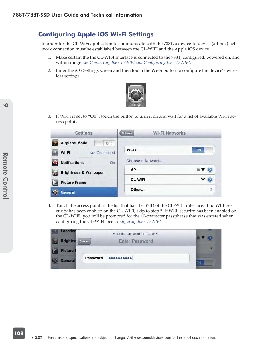 Remote control 9, Configuring apple ios wi-fi settings | Sound Devices 788T User Manual | Page 116 / 180