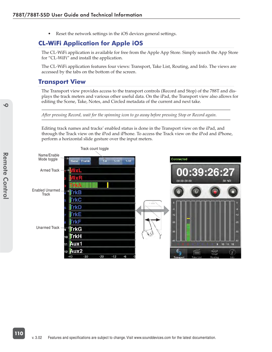 Remote control 9, Cl-wifi application for apple ios, Transport view | Sound Devices 788T User Manual | Page 118 / 180