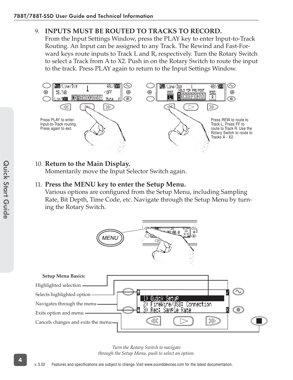 Quic k s tar t guide, Inputs must be routed to tracks to record, Return to the main display | Press the menu key to enter the setup menu | Sound Devices 788T User Manual | Page 12 / 180