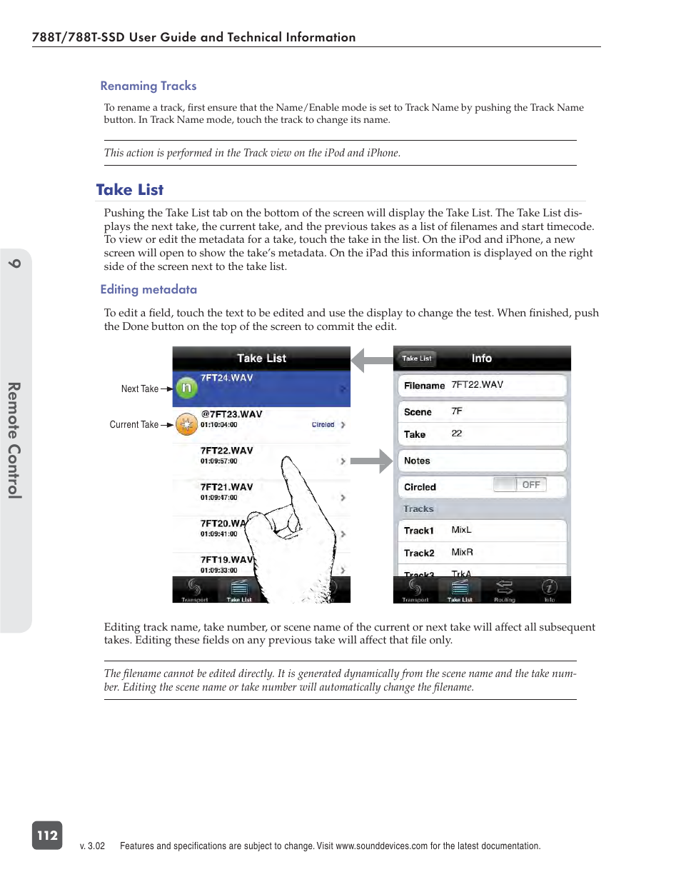 Remote control 9, Take list | Sound Devices 788T User Manual | Page 120 / 180