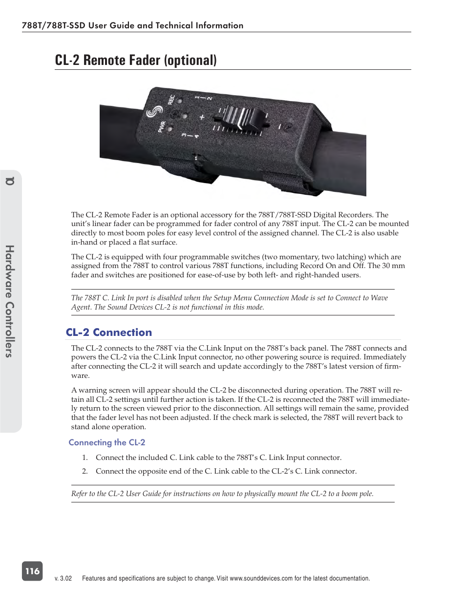 Cl-2 remote fader (optional), Hardw are controllers 10 | Sound Devices 788T User Manual | Page 124 / 180