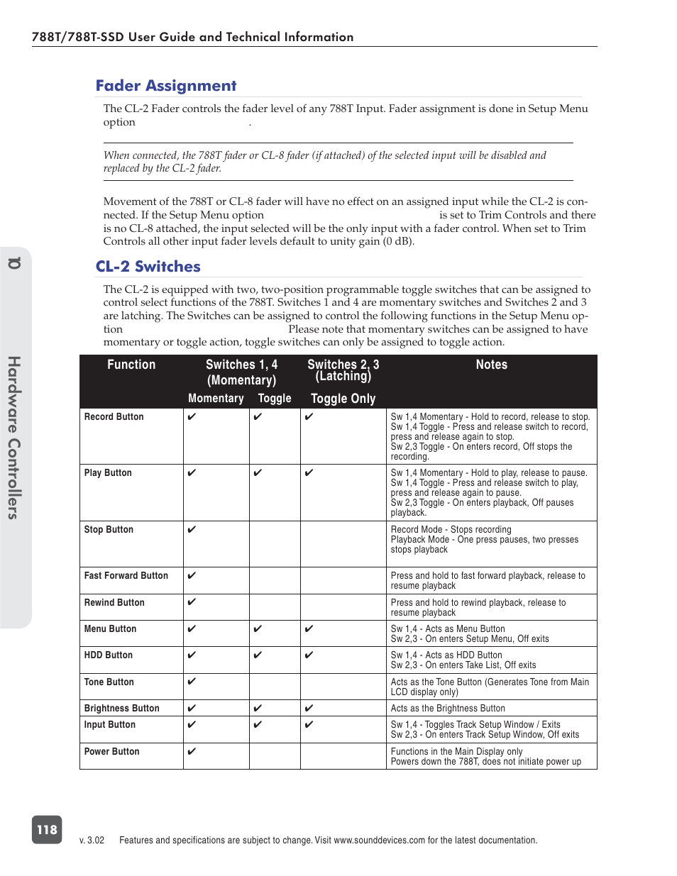 Hardw are controllers 10, Fader assignment, Cl-2 switches | Sound Devices 788T User Manual | Page 126 / 180