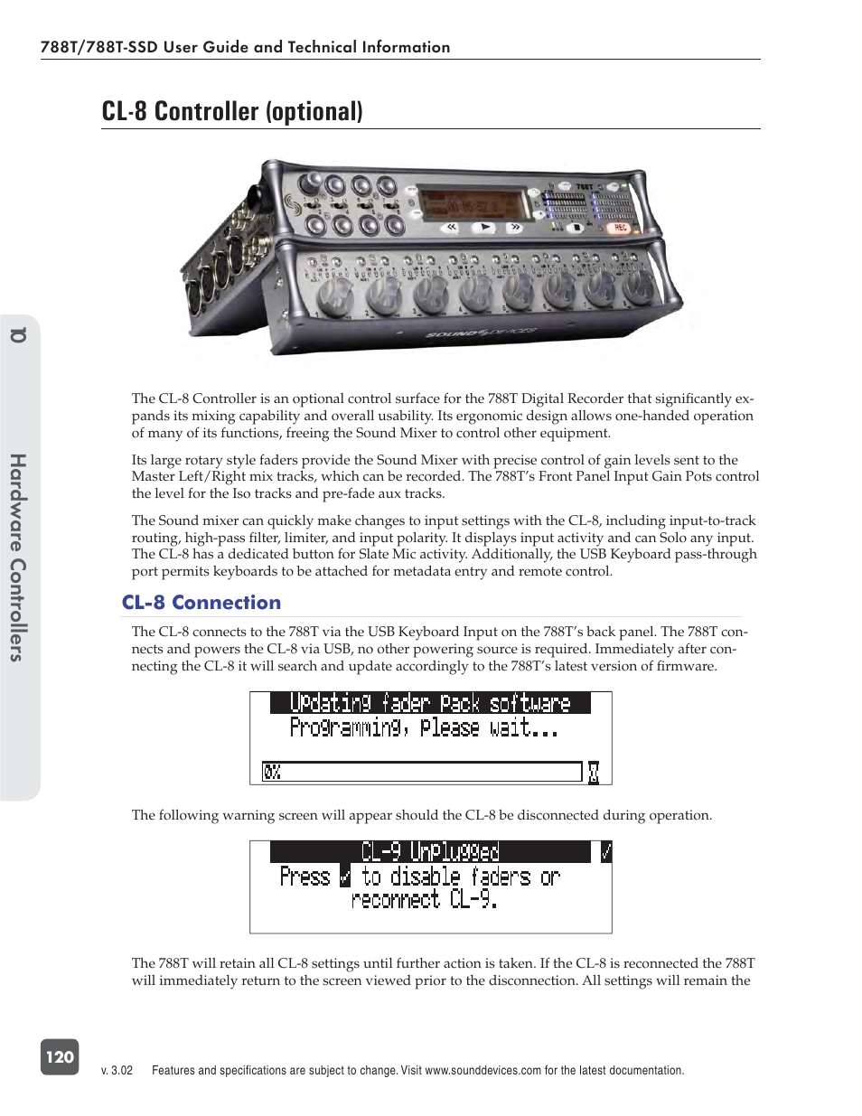 Cl-8 controller (optional), Hardw are controllers 10 | Sound Devices 788T User Manual | Page 128 / 180
