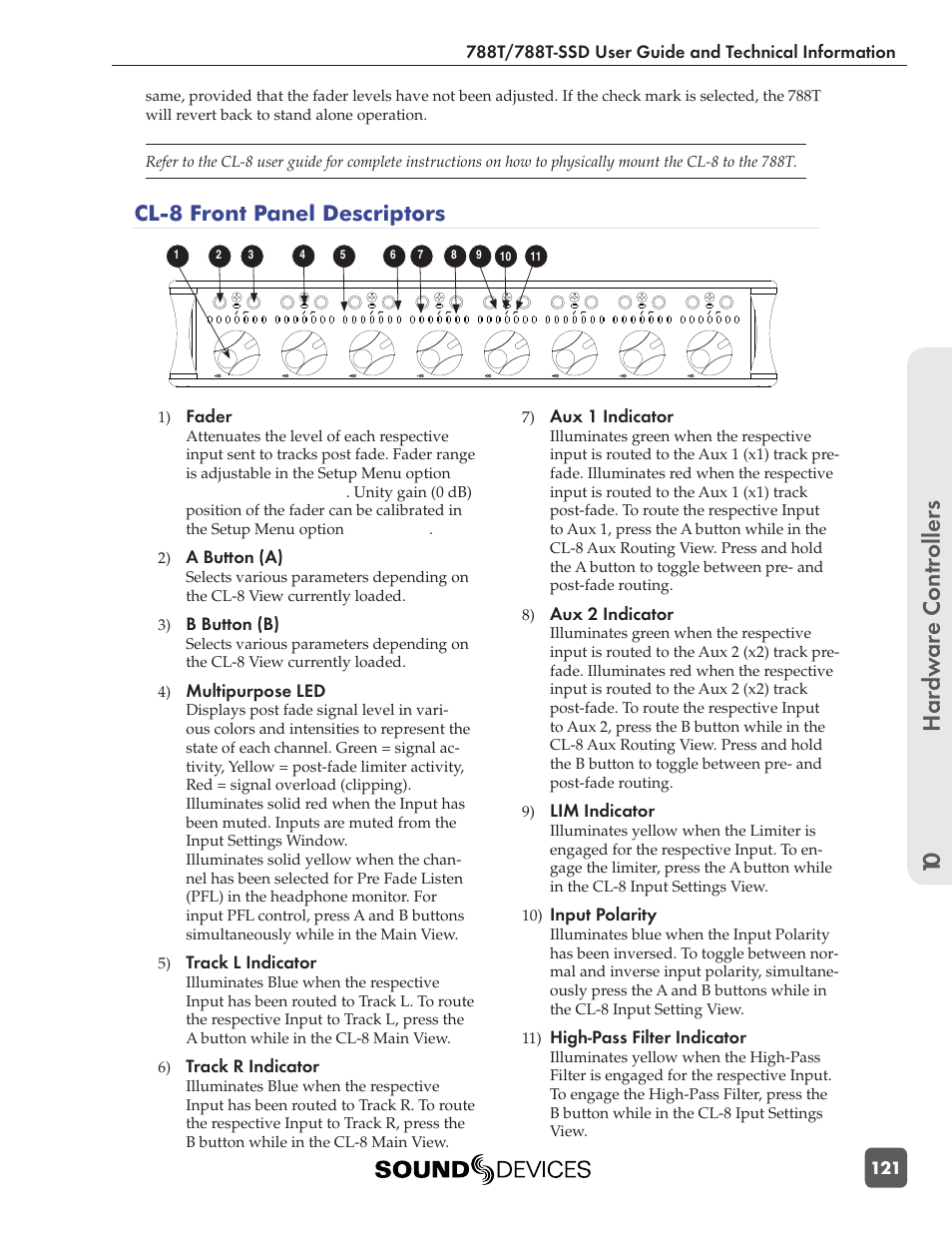 Hardw are controllers 10, Cl-8 front panel descriptors, Fader | A button (a), B button (b), Multipurpose led, Track l indicator, Track r indicator, Aux 1 indicator, Aux 2 indicator | Sound Devices 788T User Manual | Page 129 / 180