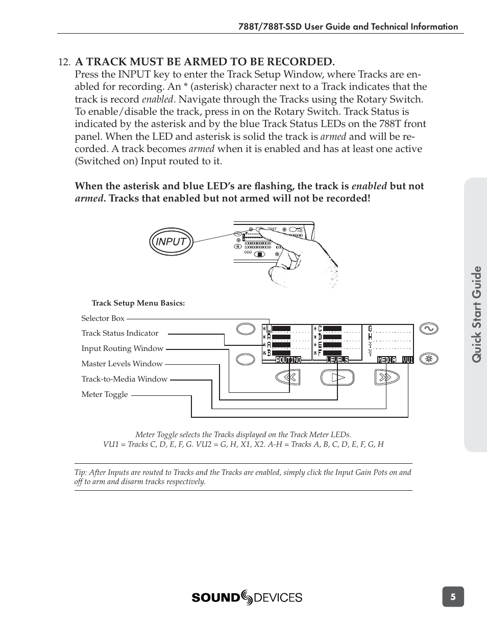 Quic k s tar t guide, A track must be armed to be recorded | Sound Devices 788T User Manual | Page 13 / 180
