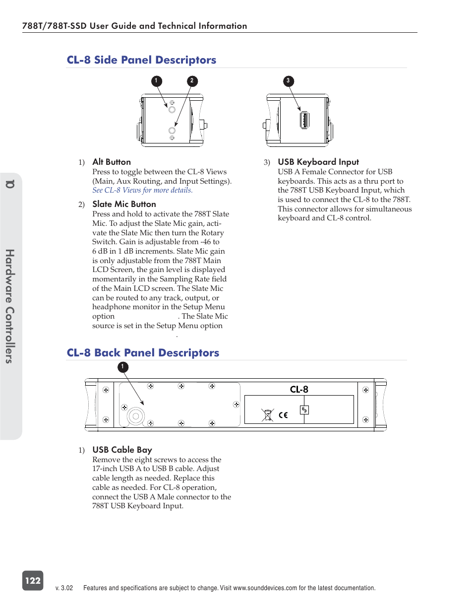 Hardw are controllers 10, Cl-8 side panel descriptors, Cl-8 back panel descriptors | Alt button, Slate mic button, Usb keyboard input, Usb cable bay | Sound Devices 788T User Manual | Page 130 / 180