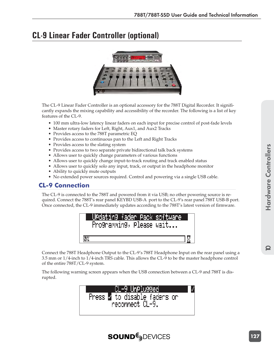 Cl-9 linear fader controller (optional), Hardw are controllers 10 | Sound Devices 788T User Manual | Page 135 / 180