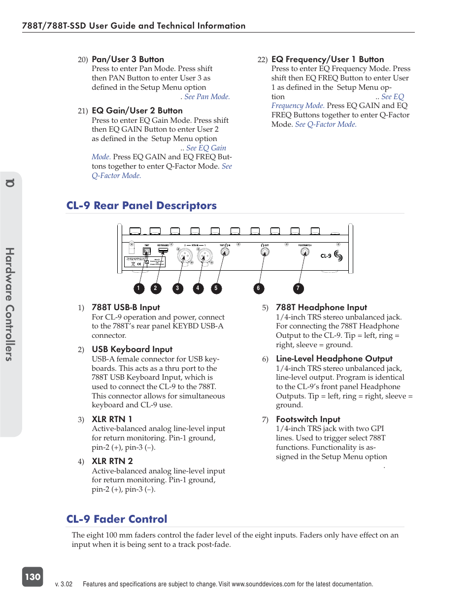 Hardw are controllers 10, Cl-9 rear panel descriptors, Cl-9 fader control | Sound Devices 788T User Manual | Page 138 / 180