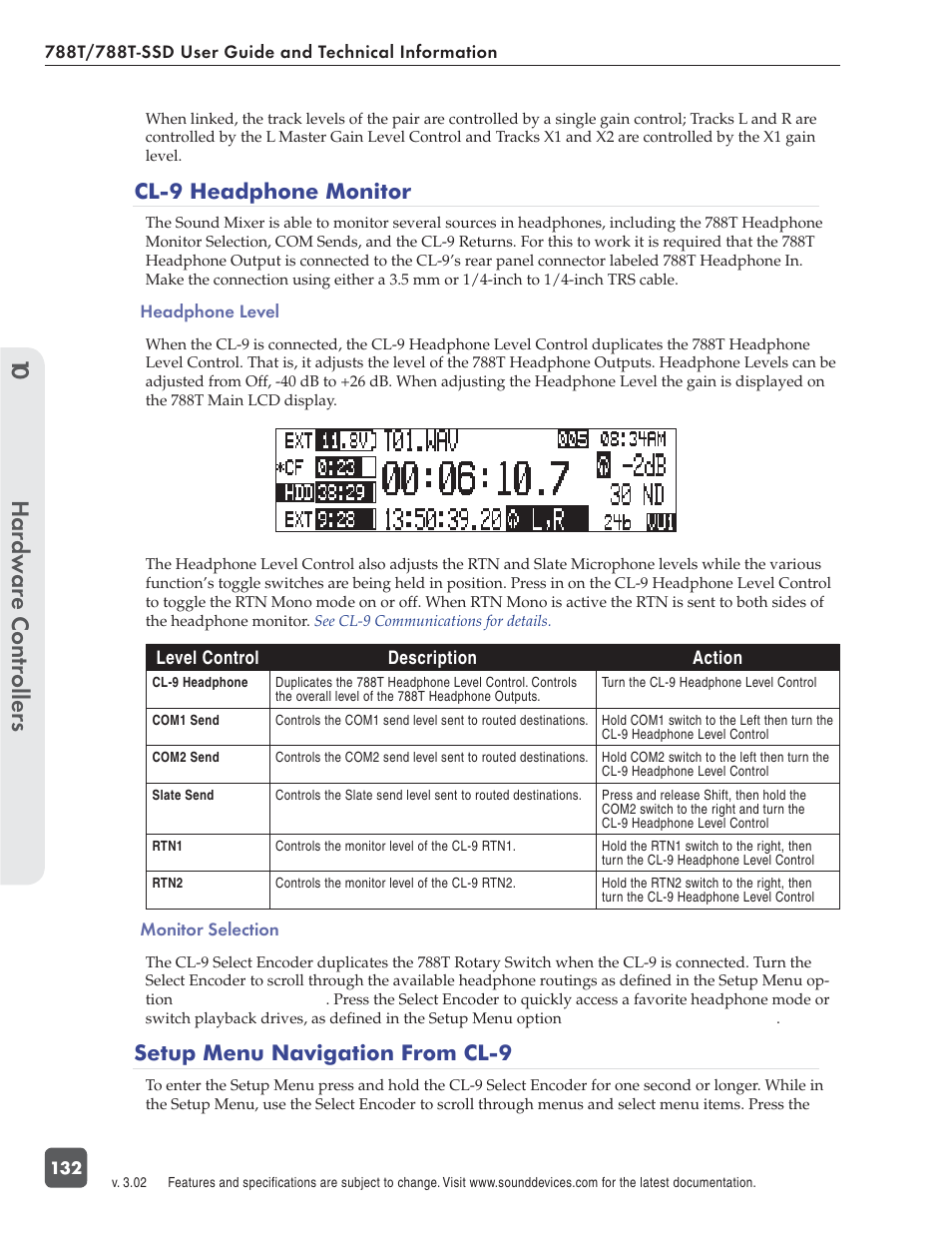 Hardw are controllers 10, Cl-9 headphone monitor, Setup menu navigation from cl-9 | Sound Devices 788T User Manual | Page 140 / 180