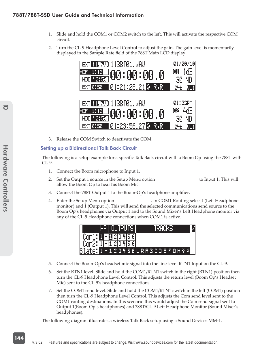 Hardw are controllers 10 | Sound Devices 788T User Manual | Page 152 / 180