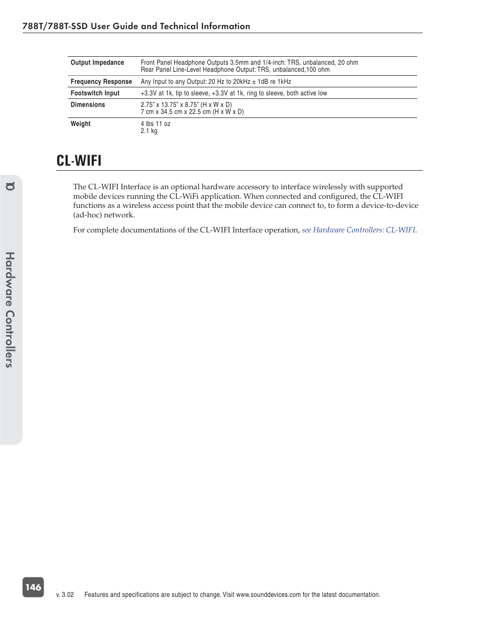 Cl-wifi, Hardw are controllers 10 | Sound Devices 788T User Manual | Page 154 / 180