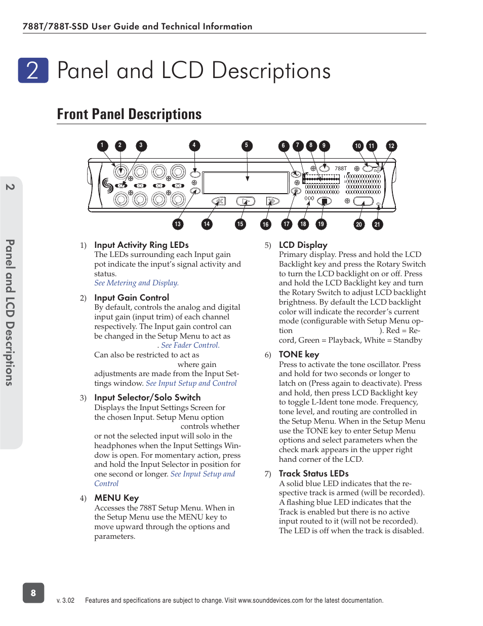 Panel and lcd descriptions, Front panel descriptions, Panel and l cd descriptions 2 | Input activity ring leds, Input gain control, Input selector/solo switch, Menu key, Lcd display, Tone key, Track status leds | Sound Devices 788T User Manual | Page 16 / 180
