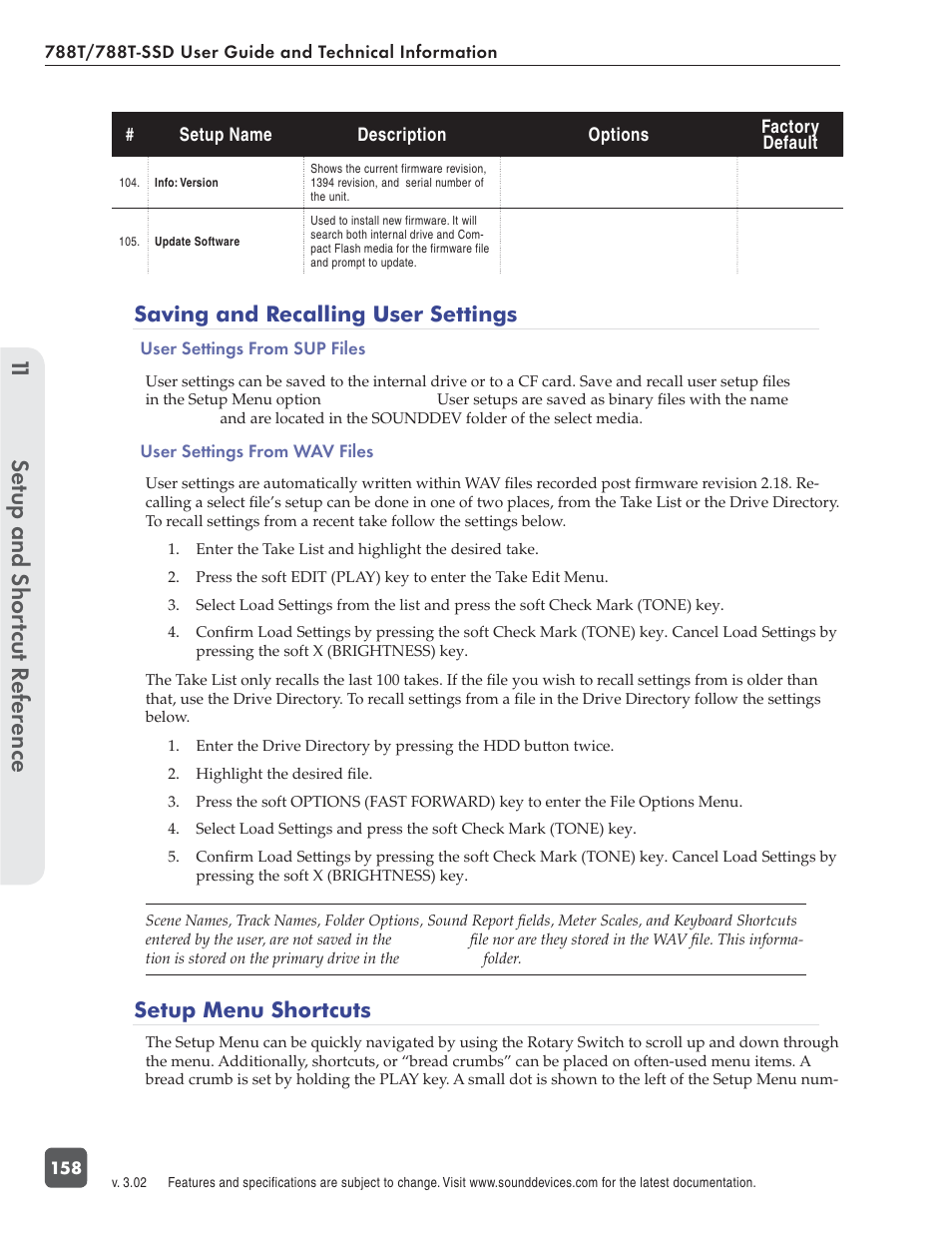 Se tup and shor tcut r eference 11, Saving and recalling user settings, Setup menu shortcuts | Sound Devices 788T User Manual | Page 166 / 180