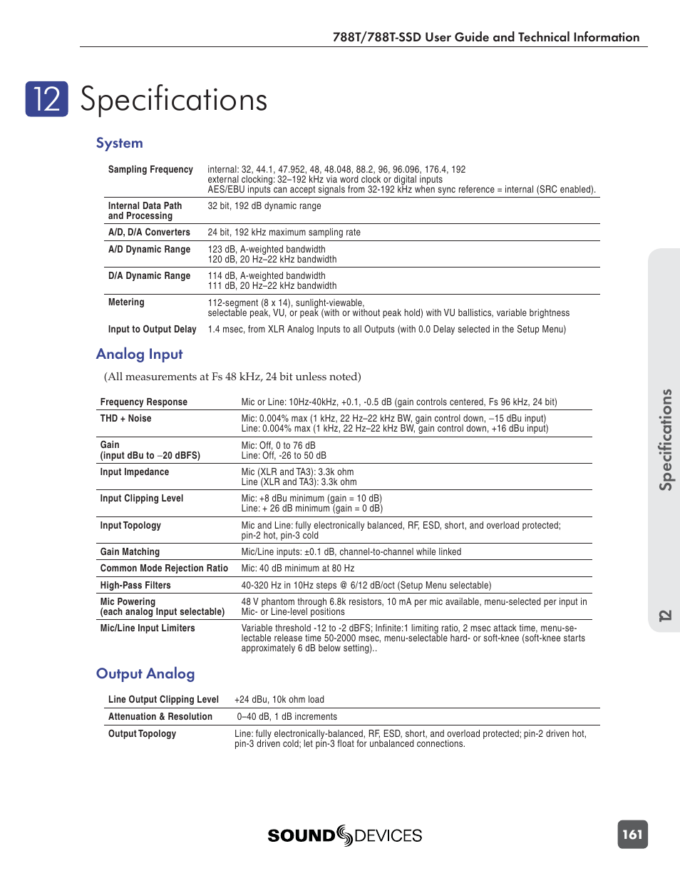 Specifications, Speciﬁ cations 12, System | Analog input, Output analog | Sound Devices 788T User Manual | Page 169 / 180