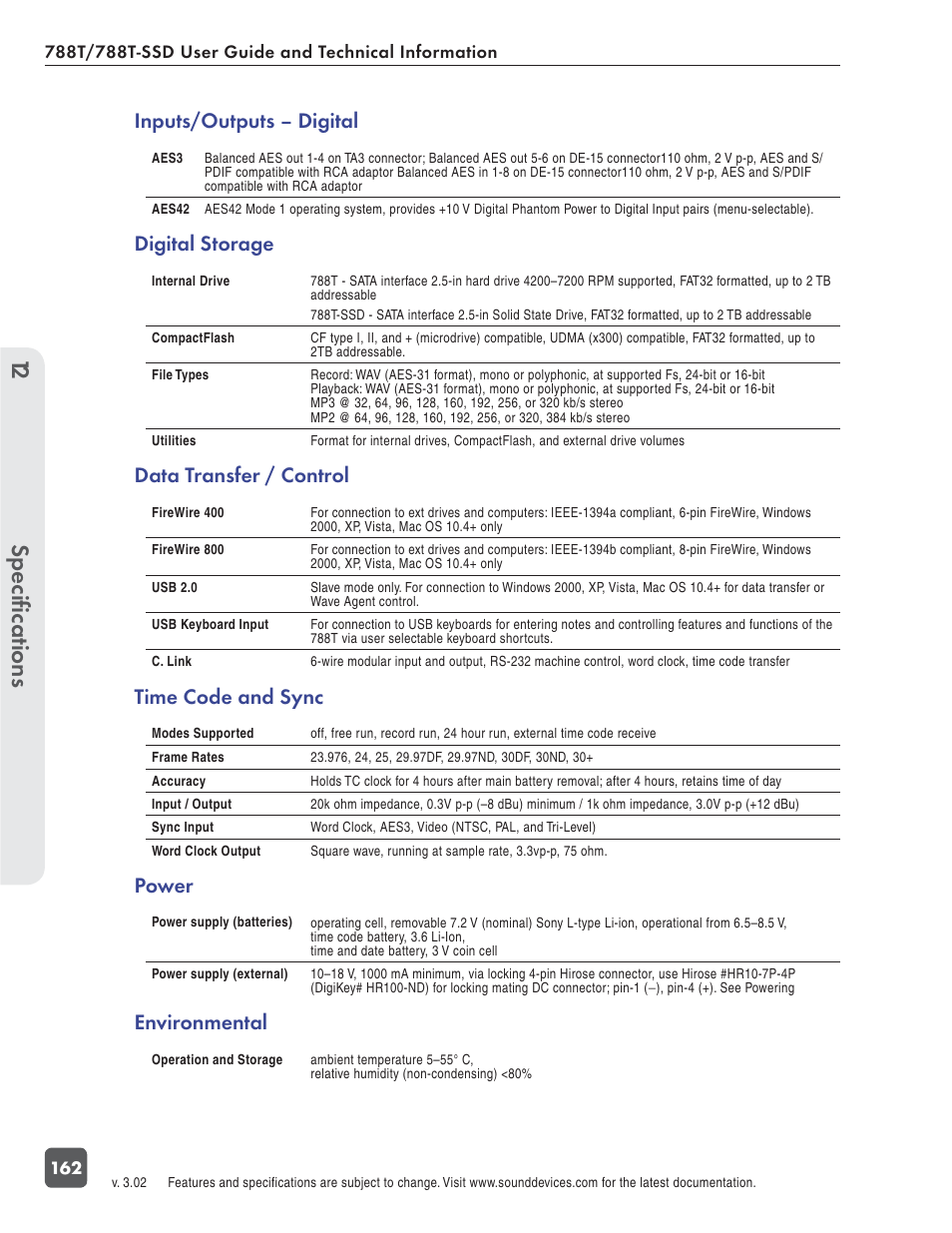 Speciﬁ cations 12, Inputs/outputs – digital, Digital storage | Data transfer / control, Time code and sync, Power, Environmental | Sound Devices 788T User Manual | Page 170 / 180