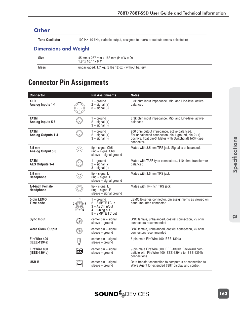 Connector pin assignments, Speciﬁ cations 12, Other | Dimensions and weight | Sound Devices 788T User Manual | Page 171 / 180