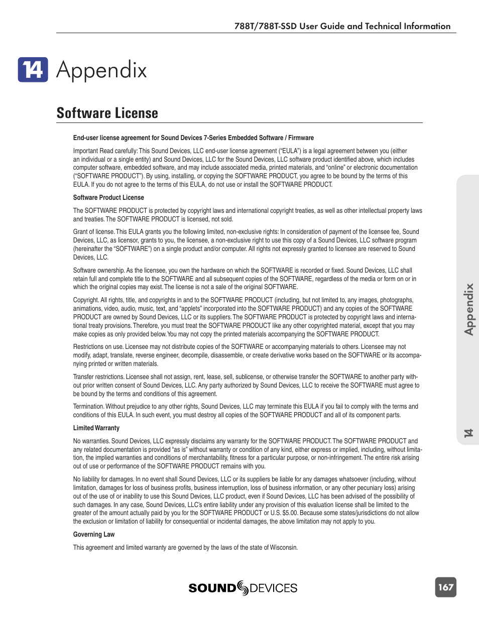 Appendix, Software license, Appendix 14 | Sound Devices 788T User Manual | Page 175 / 180