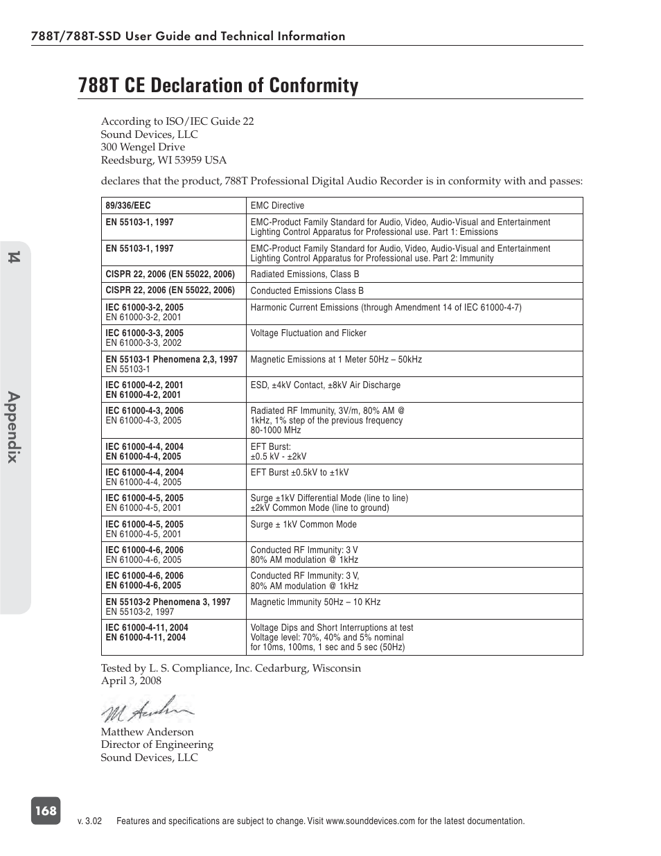 788t ce declaration of conformity, Appendix 14 | Sound Devices 788T User Manual | Page 176 / 180