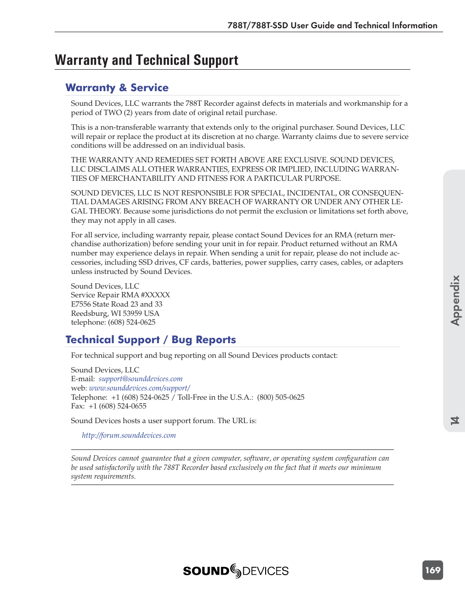 Warranty and technical support, Appendix 14, Warranty & service | Technical support / bug reports | Sound Devices 788T User Manual | Page 177 / 180