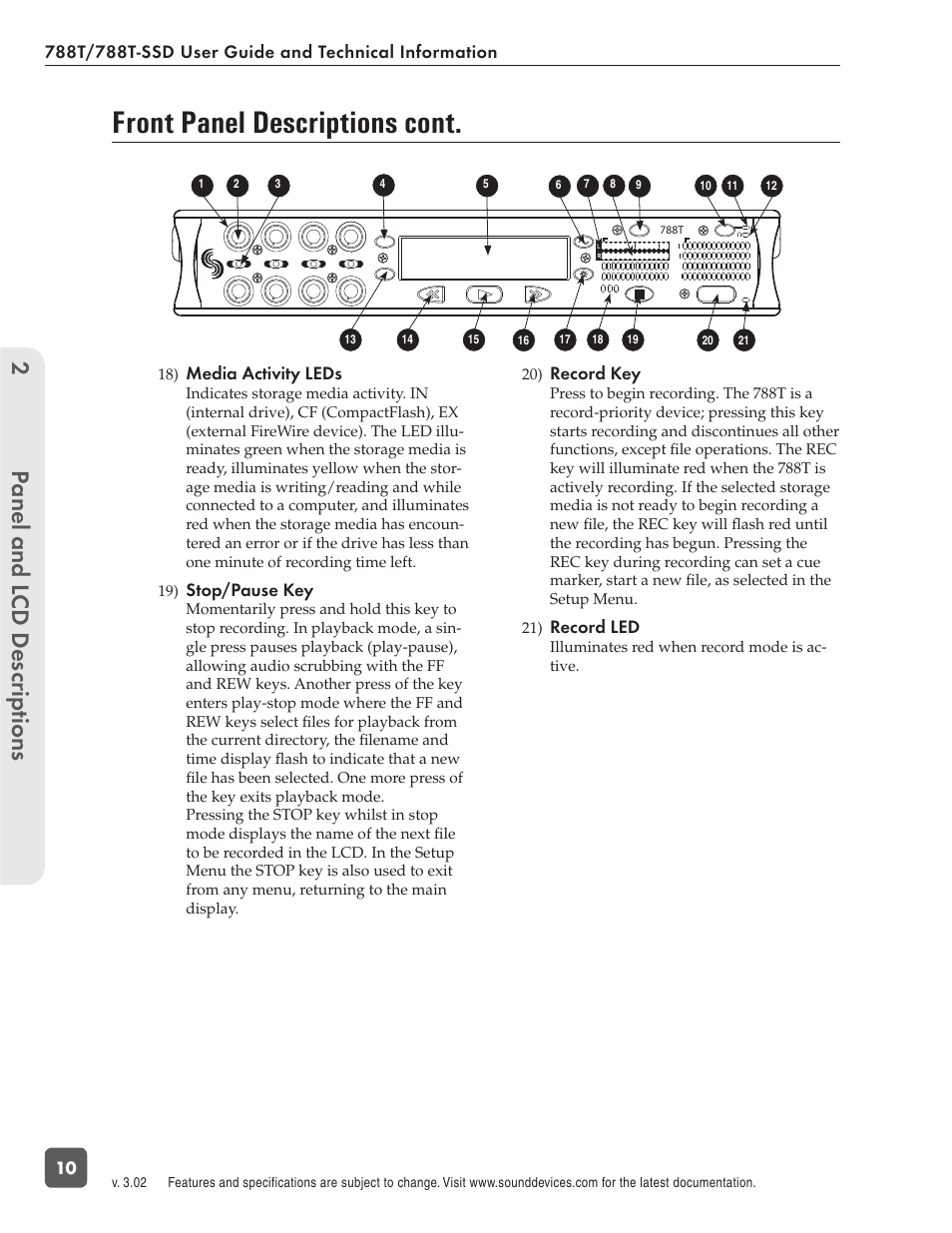 Front panel descriptions cont, Panel and l cd descriptions 2, Media activity leds | Stop/pause key, Record key, Record led | Sound Devices 788T User Manual | Page 18 / 180