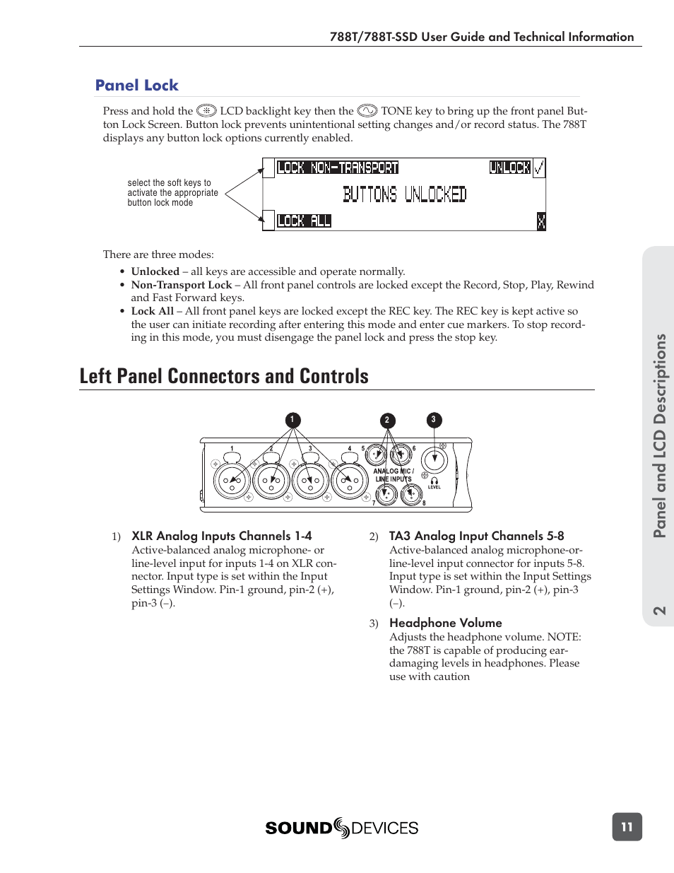 Left panel connectors and controls, Panel and l cd descriptions 2, Panel lock | Sound Devices 788T User Manual | Page 19 / 180
