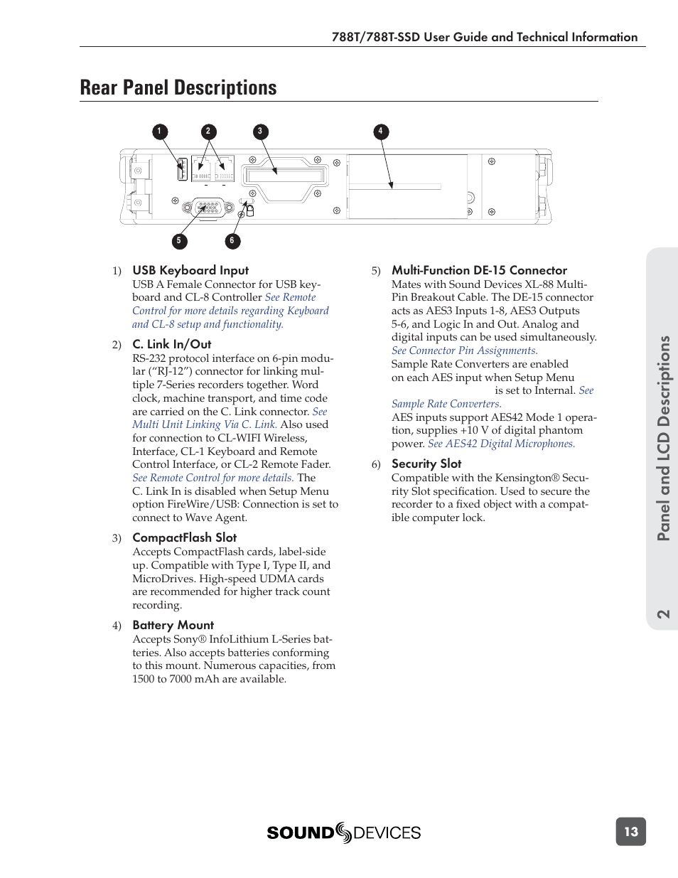 Rear panel descriptions, Panel and l cd descriptions 2 | Sound Devices 788T User Manual | Page 21 / 180