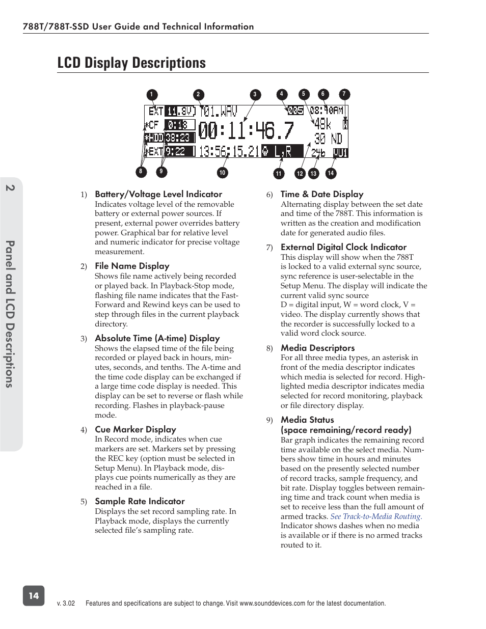 Lcd display descriptions, Panel and l cd descriptions 2 | Sound Devices 788T User Manual | Page 22 / 180