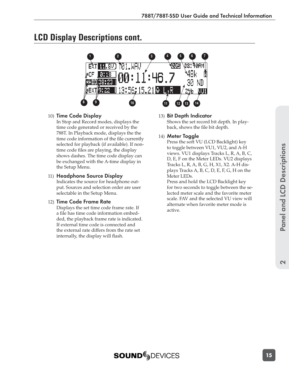 Lcd display descriptions cont, Panel and l cd descriptions 2 | Sound Devices 788T User Manual | Page 23 / 180
