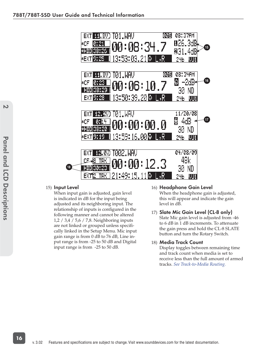 Panel and l cd descriptions 2 | Sound Devices 788T User Manual | Page 24 / 180
