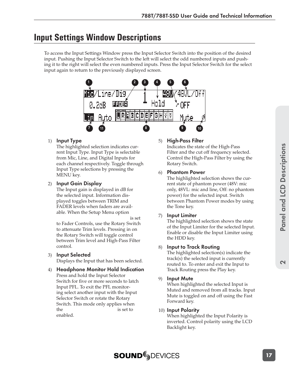 Input settings window descriptions, Panel and l cd descriptions 2 | Sound Devices 788T User Manual | Page 25 / 180