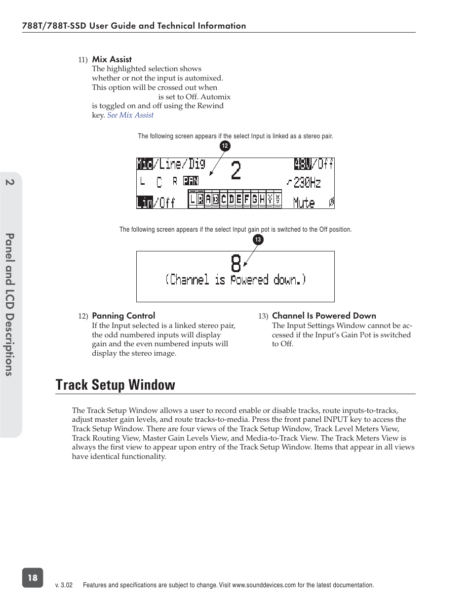 Track setup window, Panel and l cd descriptions 2 | Sound Devices 788T User Manual | Page 26 / 180