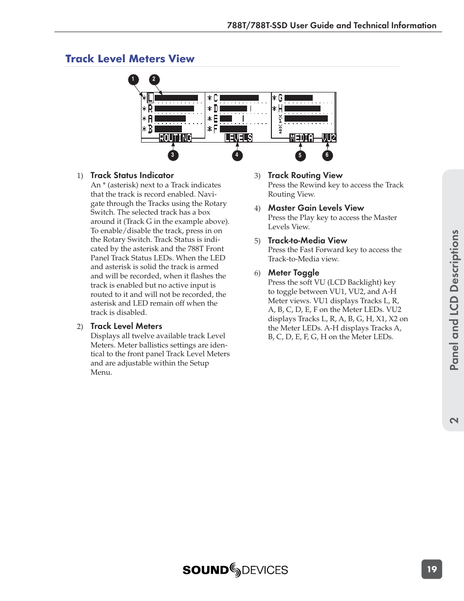 Panel and l cd descriptions 2, Track level meters view | Sound Devices 788T User Manual | Page 27 / 180