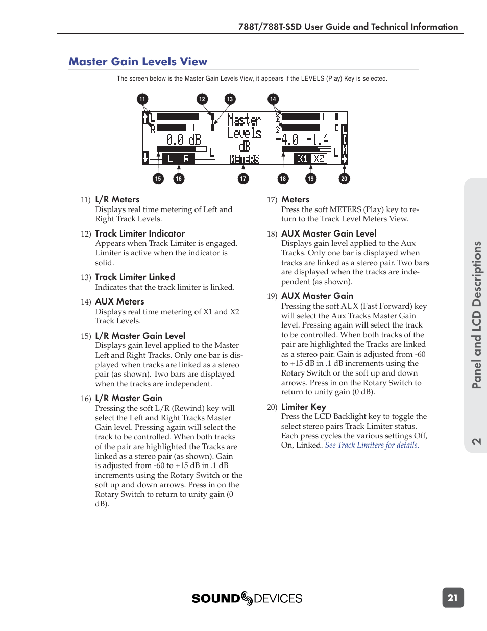 Panel and l cd descriptions 2, Master gain levels view | Sound Devices 788T User Manual | Page 29 / 180