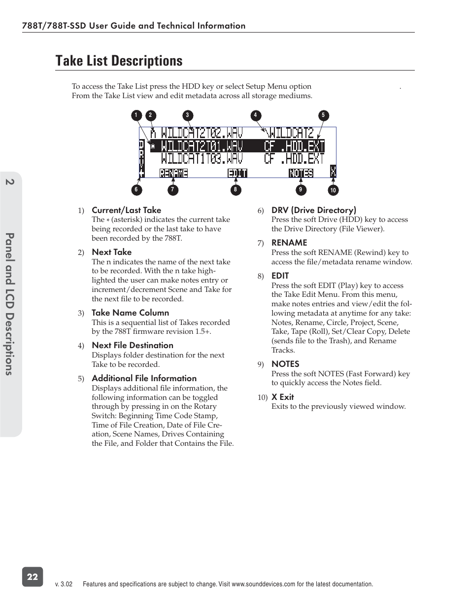 Take list descriptions, Panel and l cd descriptions 2 | Sound Devices 788T User Manual | Page 30 / 180