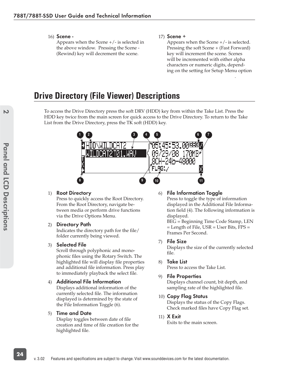Drive directory (file viewer) descriptions, Panel and l cd descriptions 2 | Sound Devices 788T User Manual | Page 32 / 180