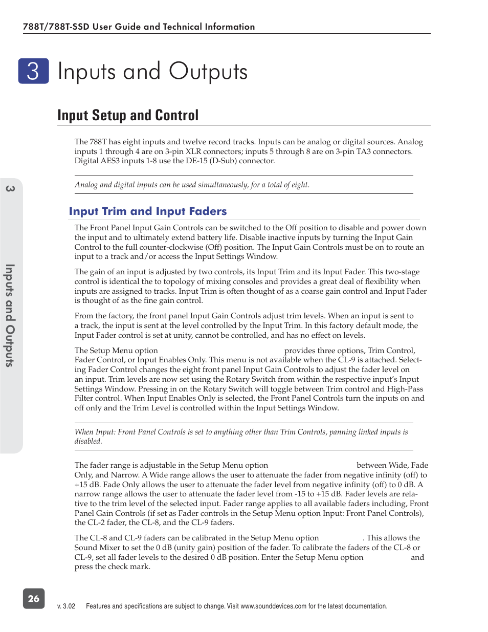 Inputs and outputs, Input setup and control | Sound Devices 788T User Manual | Page 34 / 180