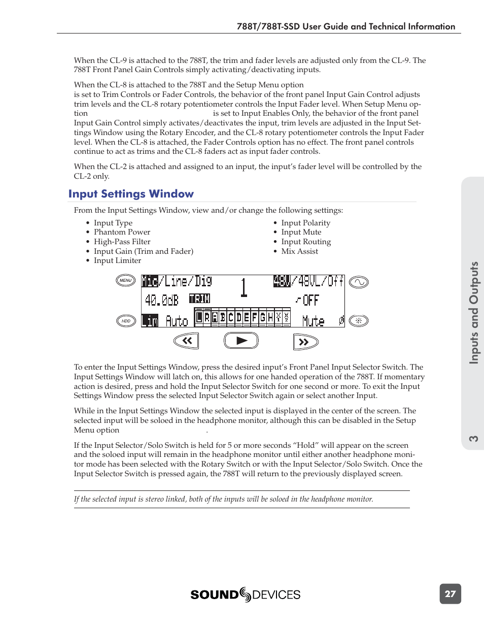 Inputs and outputs 3, Input settings window | Sound Devices 788T User Manual | Page 35 / 180