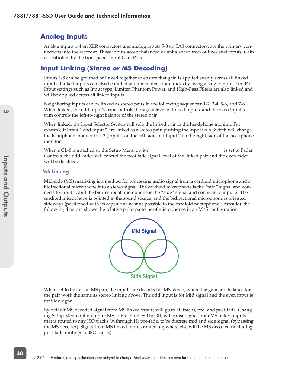 Inputs and outputs 3, Analog inputs, Input linking (stereo or ms decoding) | Sound Devices 788T User Manual | Page 38 / 180