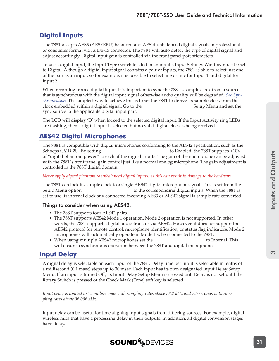Inputs and outputs 3, Digital inputs, Aes42 digital microphones | Input delay | Sound Devices 788T User Manual | Page 39 / 180