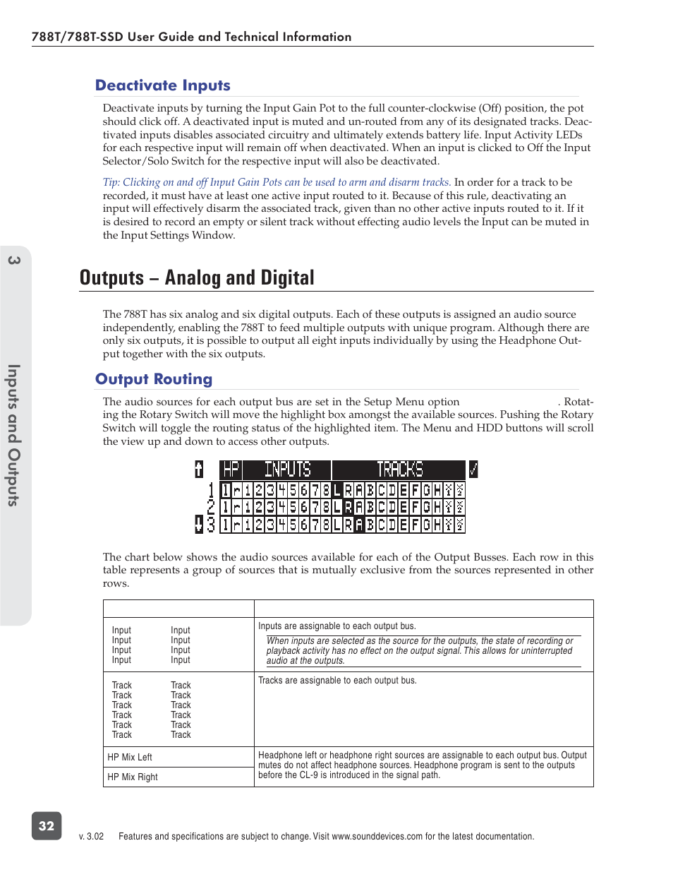 Outputs – analog and digital, Inputs and outputs 3, Deactivate inputs | Output routing | Sound Devices 788T User Manual | Page 40 / 180