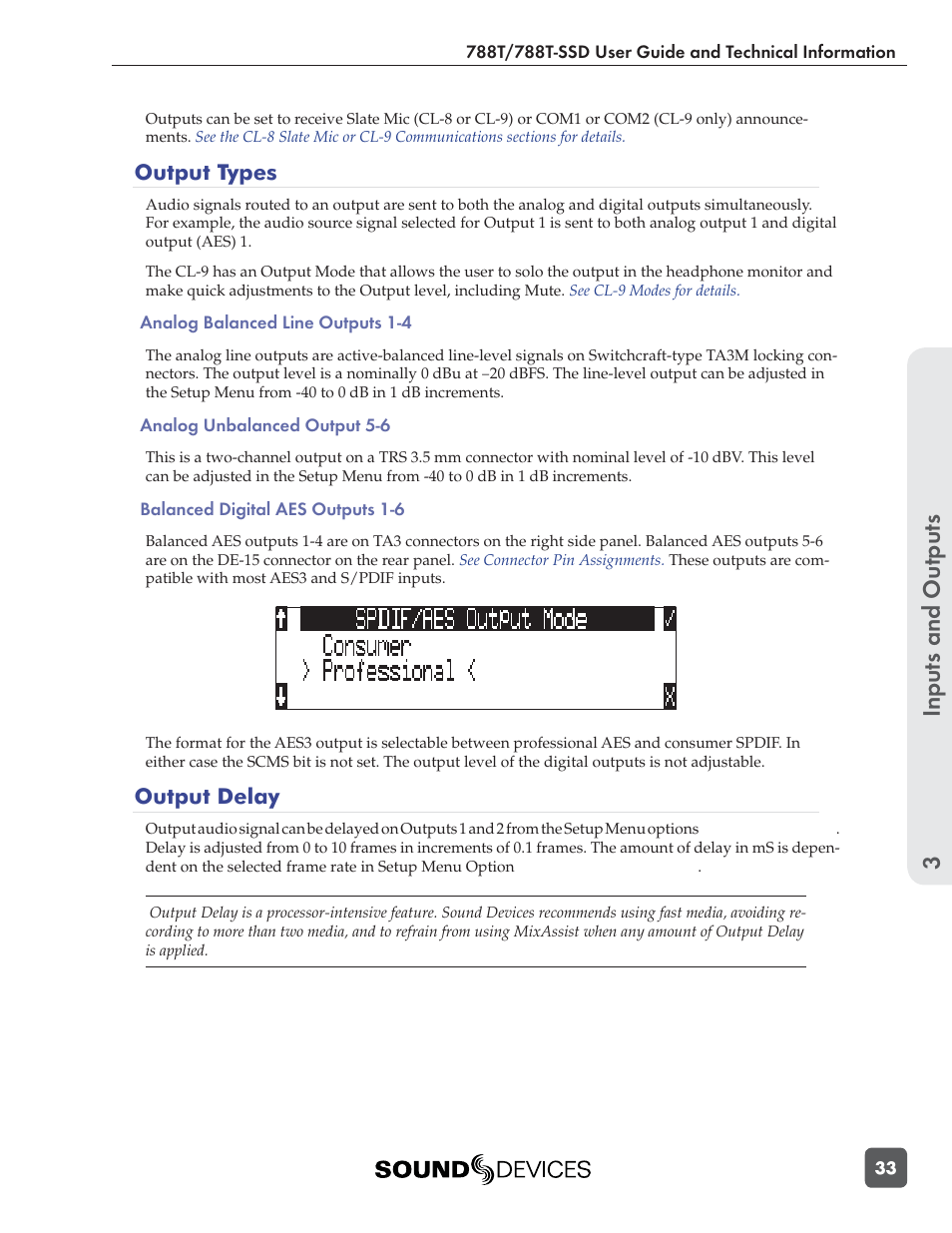 Inputs and outputs 3, Output types, Output delay | Sound Devices 788T User Manual | Page 41 / 180