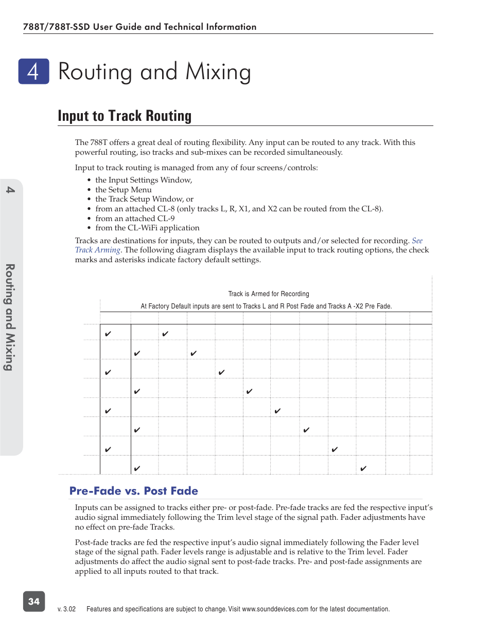 Routing and mixing, Input to track routing, Routing and mixing 4 | Pre-fade vs. post fade | Sound Devices 788T User Manual | Page 42 / 180