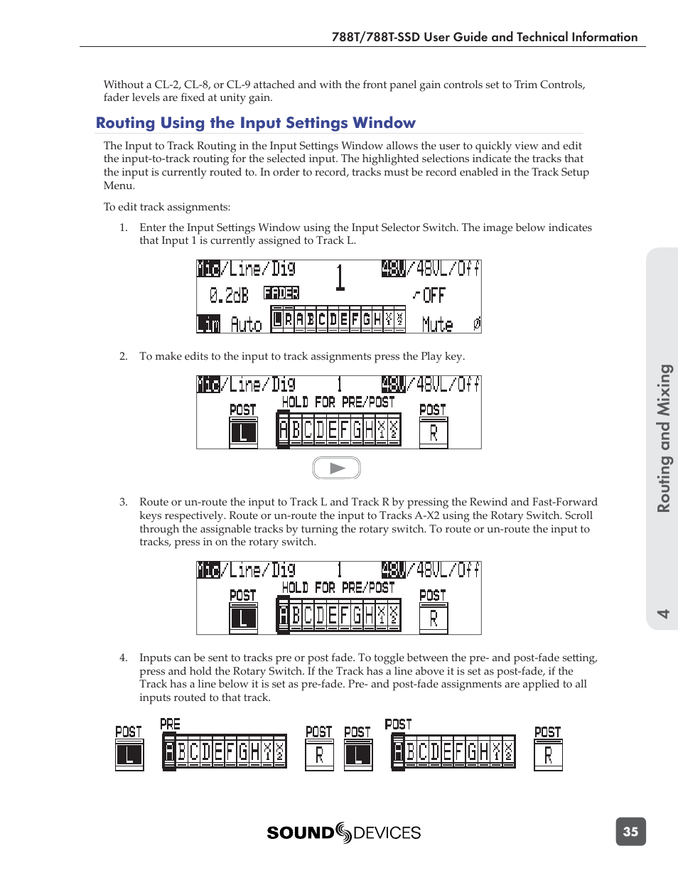Routing and mixing 4, Routing using the input settings window | Sound Devices 788T User Manual | Page 43 / 180