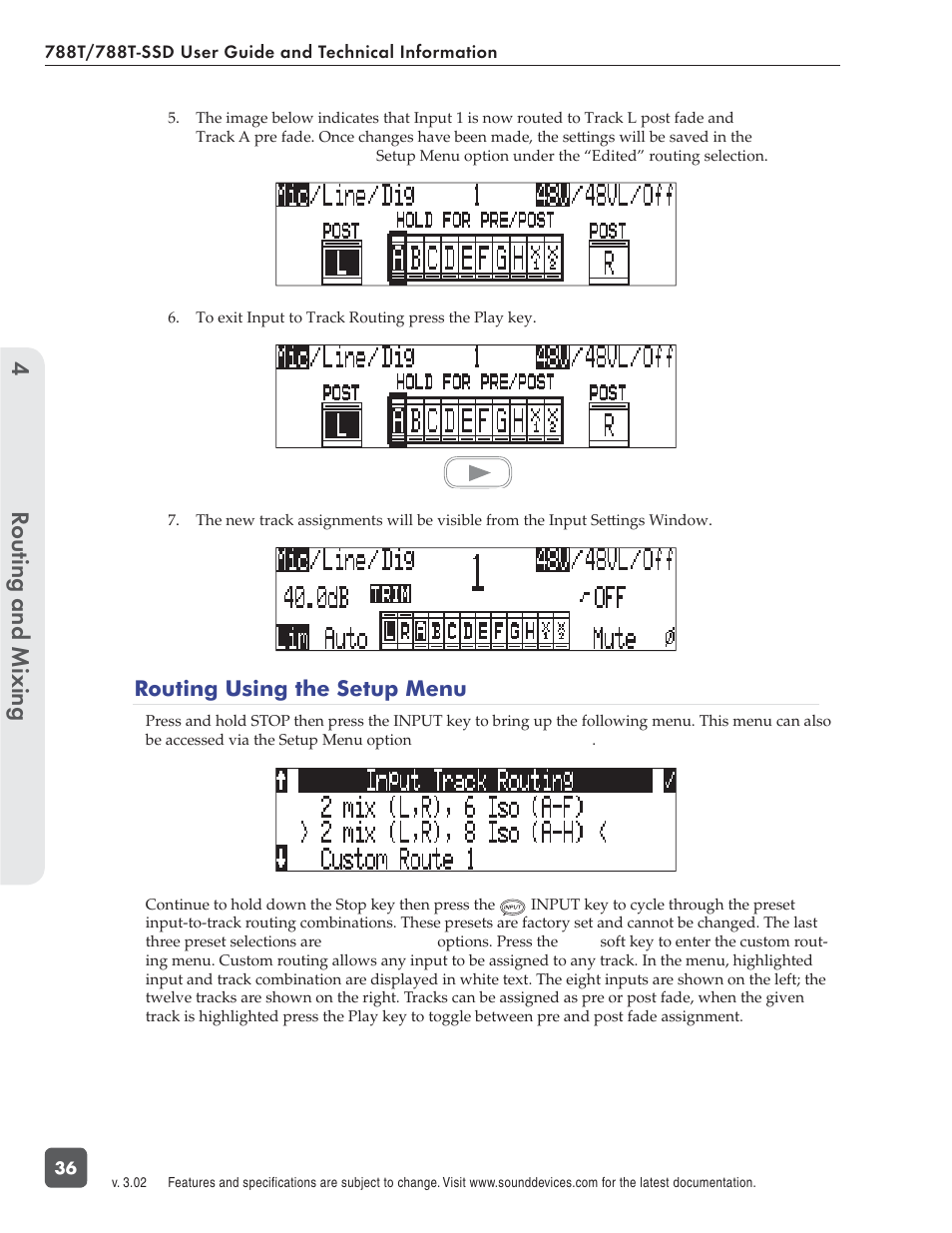 Routing and mixing 4, Routing using the setup menu | Sound Devices 788T User Manual | Page 44 / 180