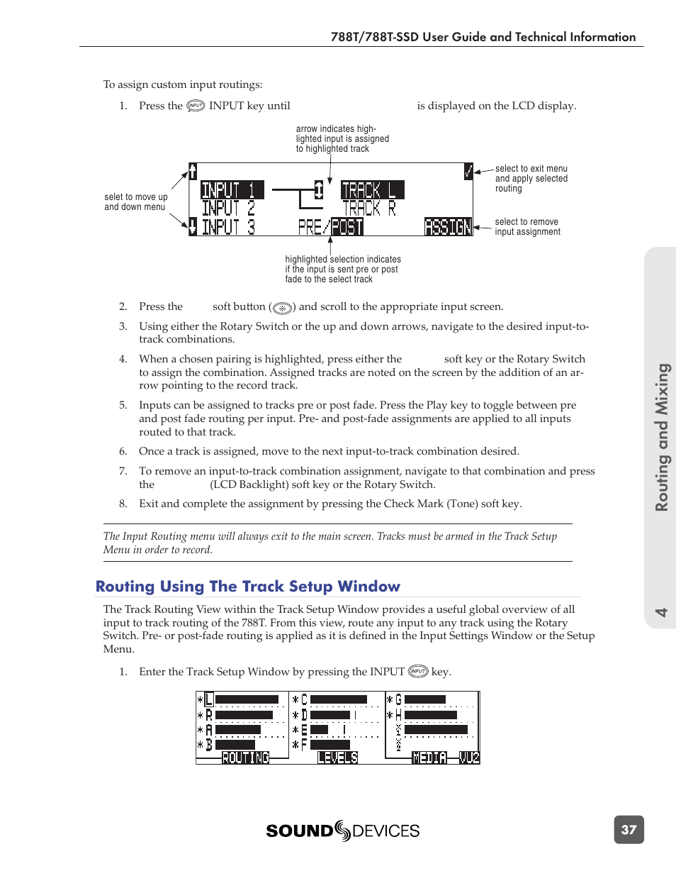 Routing and mixing 4, Routing using the track setup window | Sound Devices 788T User Manual | Page 45 / 180