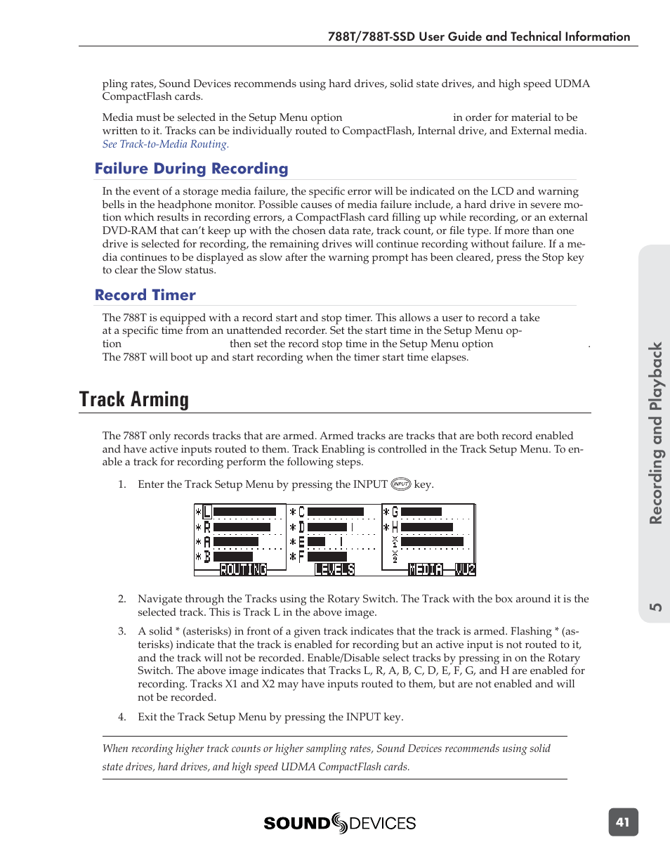 Track arming, Recording and playbac k 5 | Sound Devices 788T User Manual | Page 49 / 180