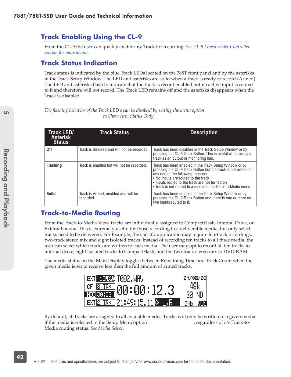 Recording and playbac k 5, Track enabling using the cl-9, Track status indication | Track-to-media routing | Sound Devices 788T User Manual | Page 50 / 180